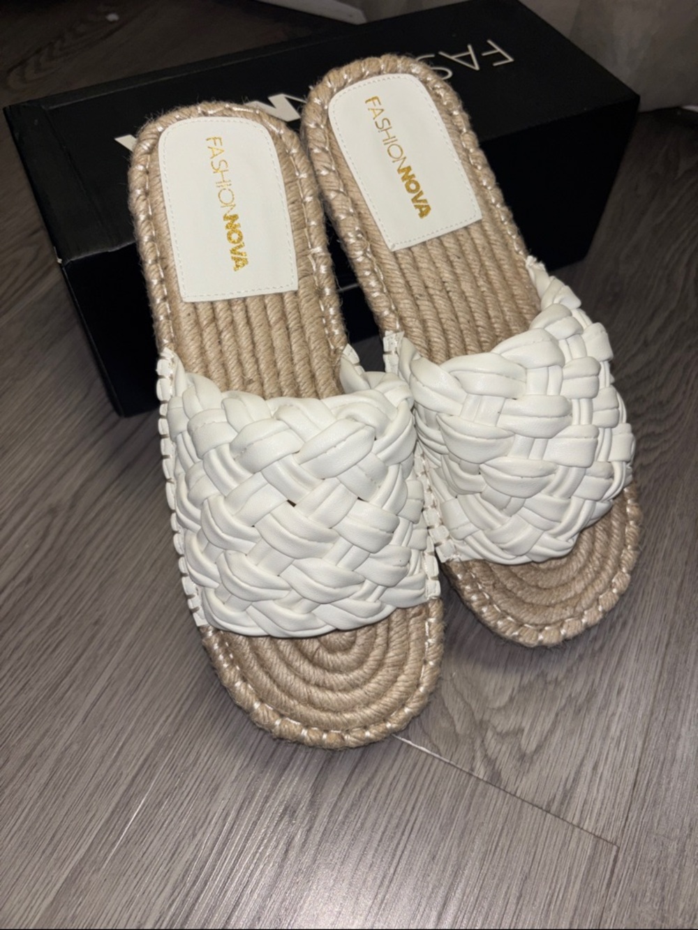 Fashion Nova White Braided Rope-Detail Slide Sandals